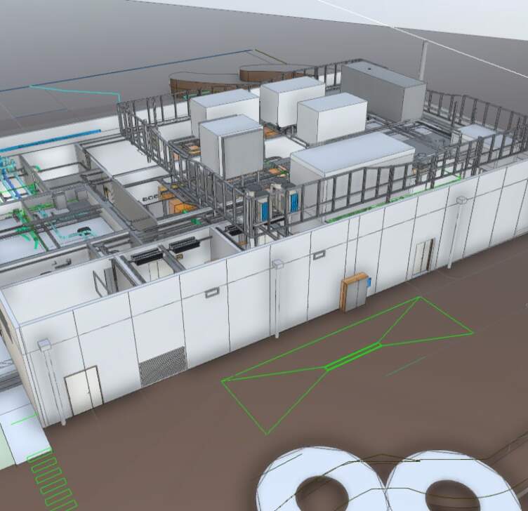 Modélisation 3D BIM d’un bâtiment industriel avec réseaux techniques, structures métalliques et équipements en toiture.