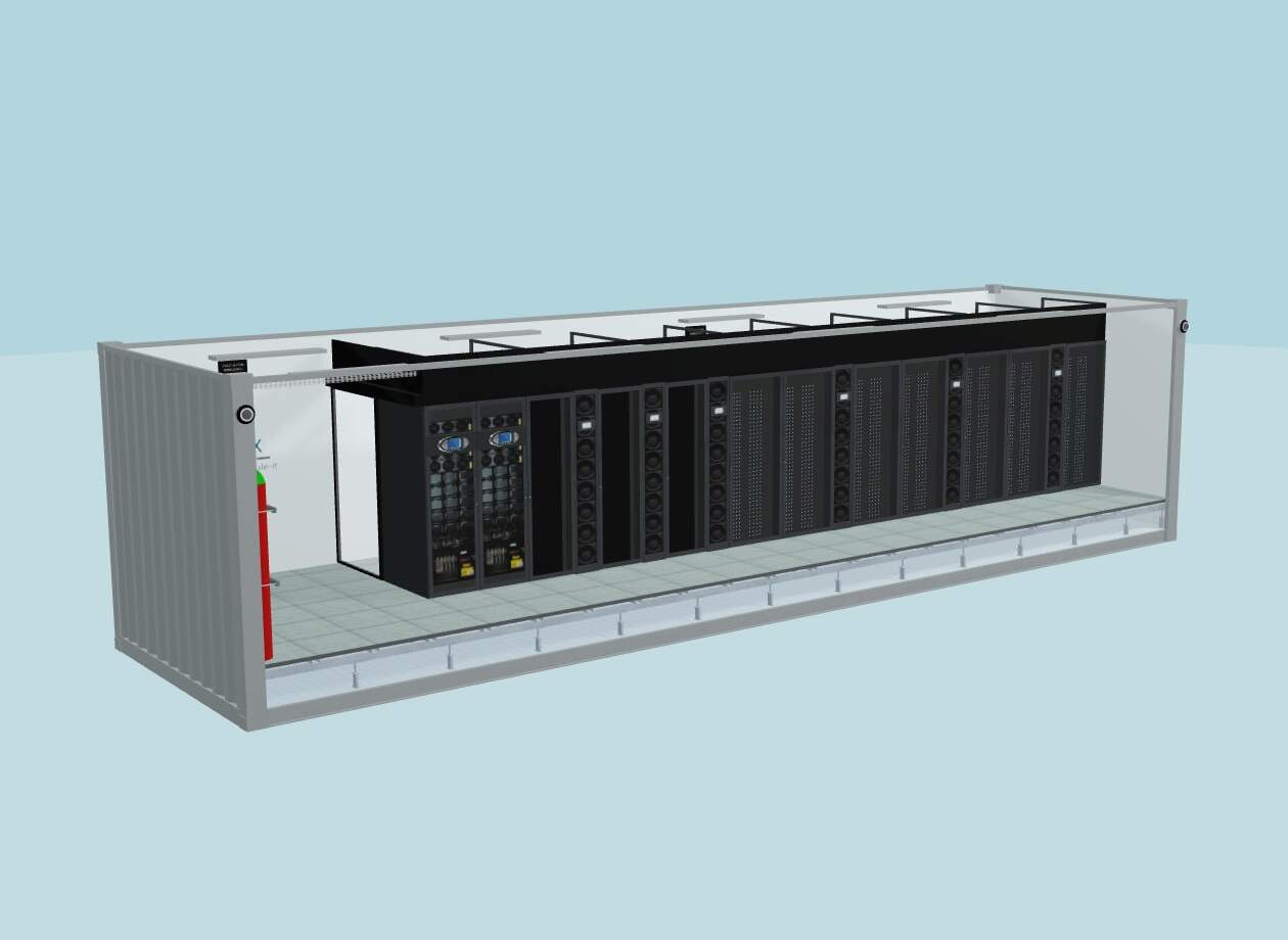 Modélisation 3D d’un data center en conteneur avec baies serveurs et équipements informatiques.