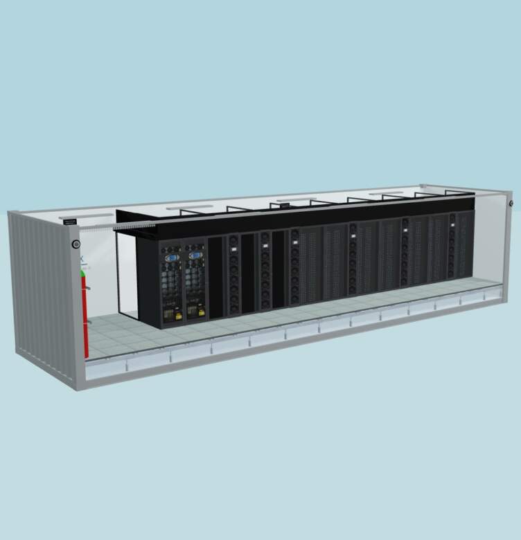 Modélisation 3D d’un data center en conteneur avec baies serveurs et équipements informatiques.
