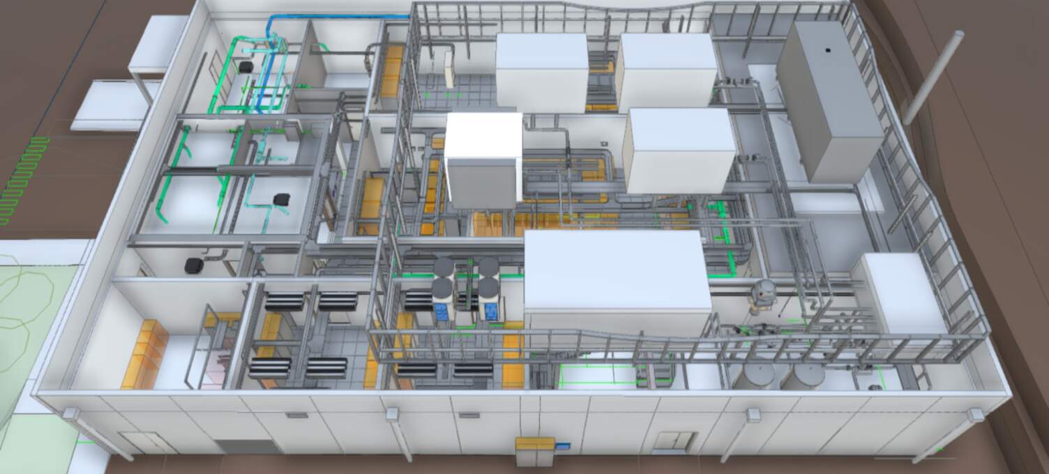 Vue en perspective d'un datacenter avec des équipements de traitement et de câblage, sur fond neutre, mettant en avant l'organisation spatiale.
