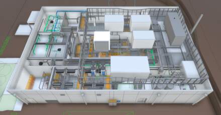 Vue en perspective d'un datacenter avec des équipements de traitement et de câblage, sur fond neutre, mettant en avant l'organisation spatiale.