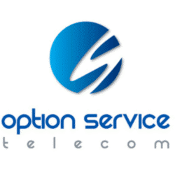 Option Service Telecom logo, featuring a stylized symbol in a blue gradient and text in bright blue, with a modern, minimalist design.